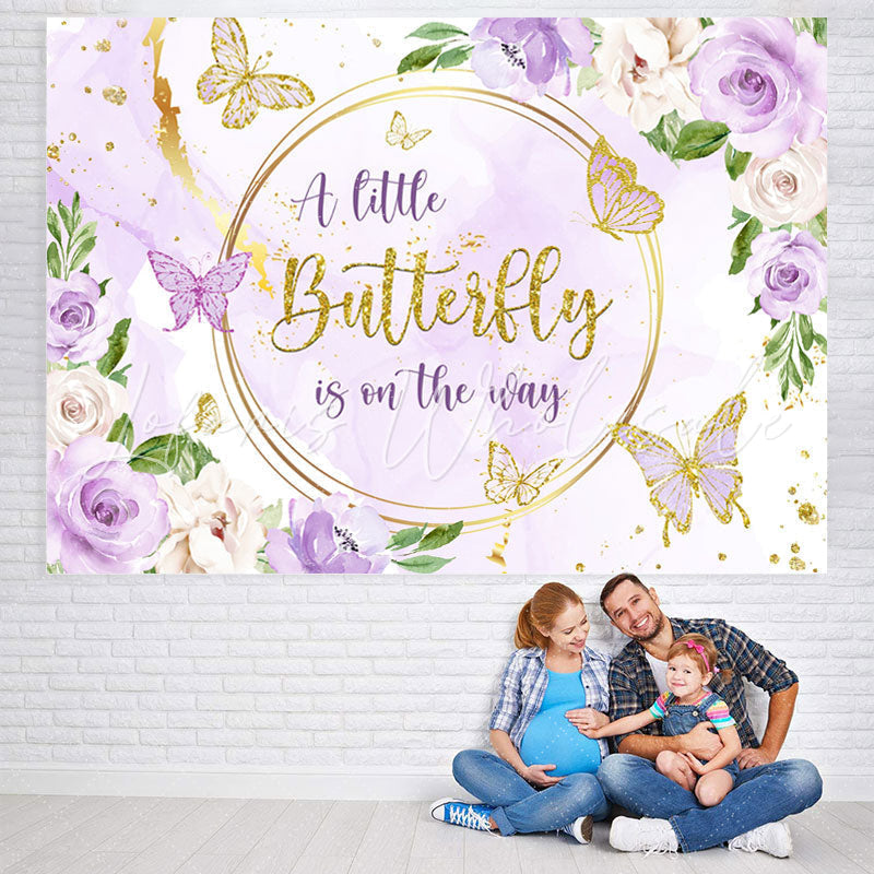 Lofaris Purple Golden Flowers Butterfly Baby Shower Backdrop