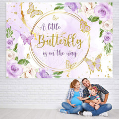Lofaris Purple Golden Flowers Butterfly Baby Shower Backdrop