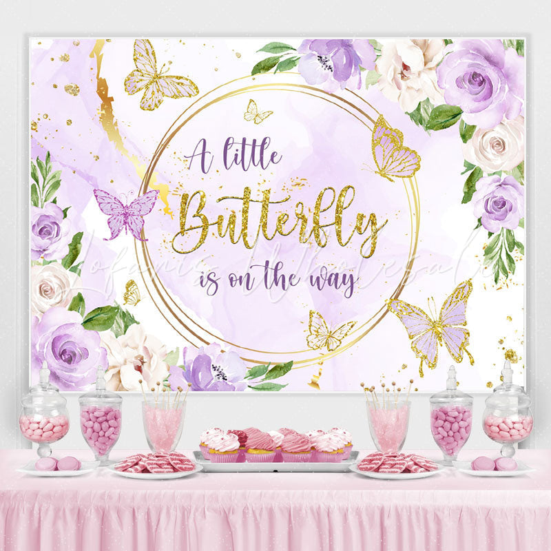 Lofaris Purple Golden Flowers Butterfly Baby Shower Backdrop