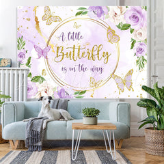 Lofaris Purple Golden Flowers Butterfly Baby Shower Backdrop