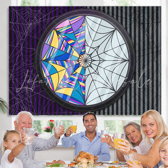 Lofaris Purple Grey Stripes Cobweb Happy Birthday Backdrop