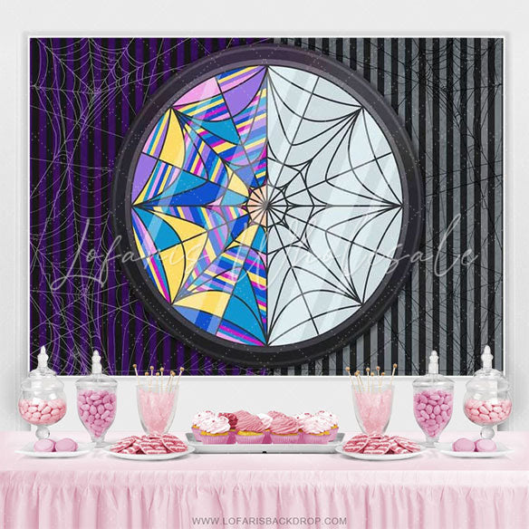 Lofaris Purple Grey Stripes Cobweb Happy Birthday Backdrop