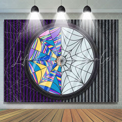 Lofaris Purple Grey Stripes Cobweb Happy Birthday Backdrop
