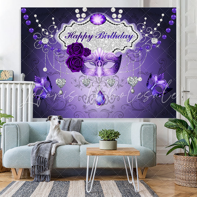 Lofaris Purple Mask Rose Silver Love Happy Birthday Backdrop