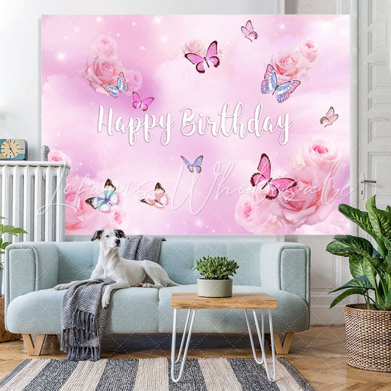 Lofaris Purple Pink Butterfly Floral Happy Birthday Backdrop