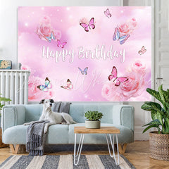 Lofaris Purple Pink Butterfly Floral Happy Birthday Backdrop