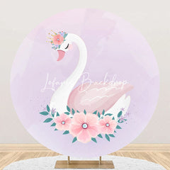 Lofaris Purple Pink Floral Leaf Swan Round Birthday Backdrop