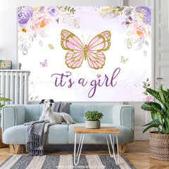 Lofaris Purple Pink Glitter Butterfly Floral Baby Shower Backdrop