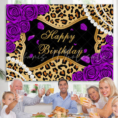 Lofaris Purple Rose Leopard Glitter Happy Birthday Backdrop
