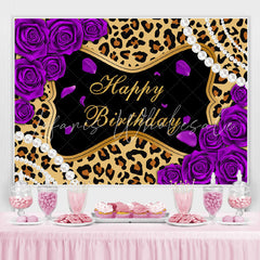 Lofaris Purple Rose Leopard Glitter Happy Birthday Backdrop