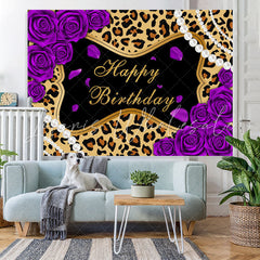 Lofaris Purple Rose Leopard Glitter Happy Birthday Backdrop