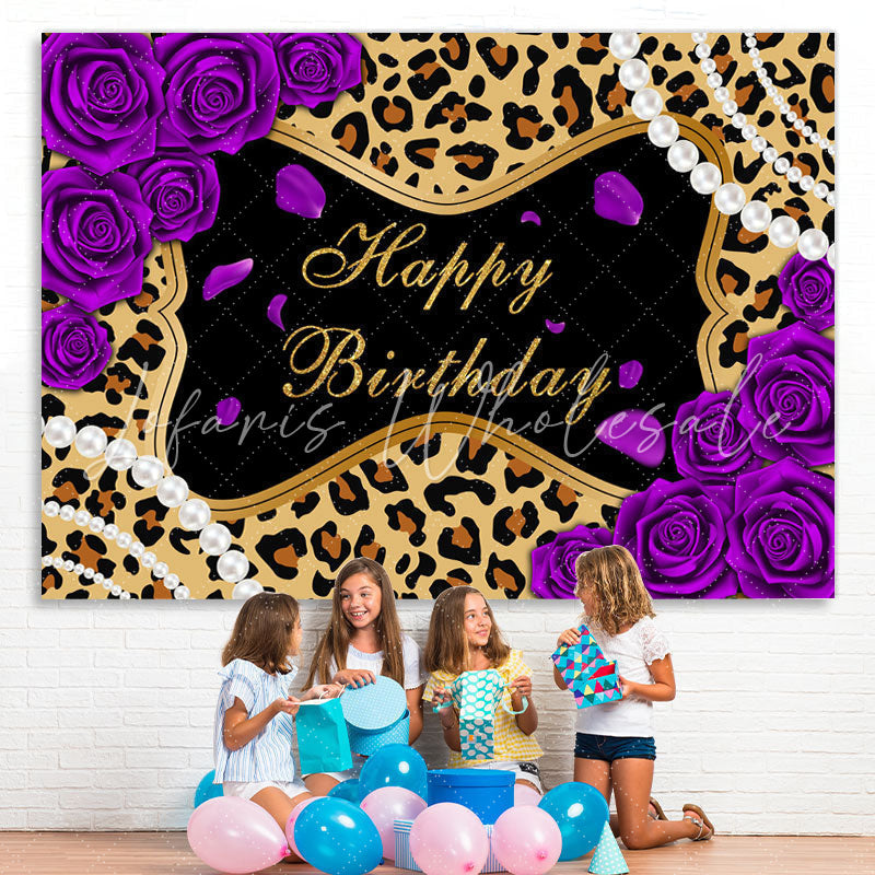 Lofaris Purple Rose Leopard Glitter Happy Birthday Backdrop