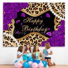 Lofaris Purple Rose Leopard Glitter Happy Birthday Backdrop