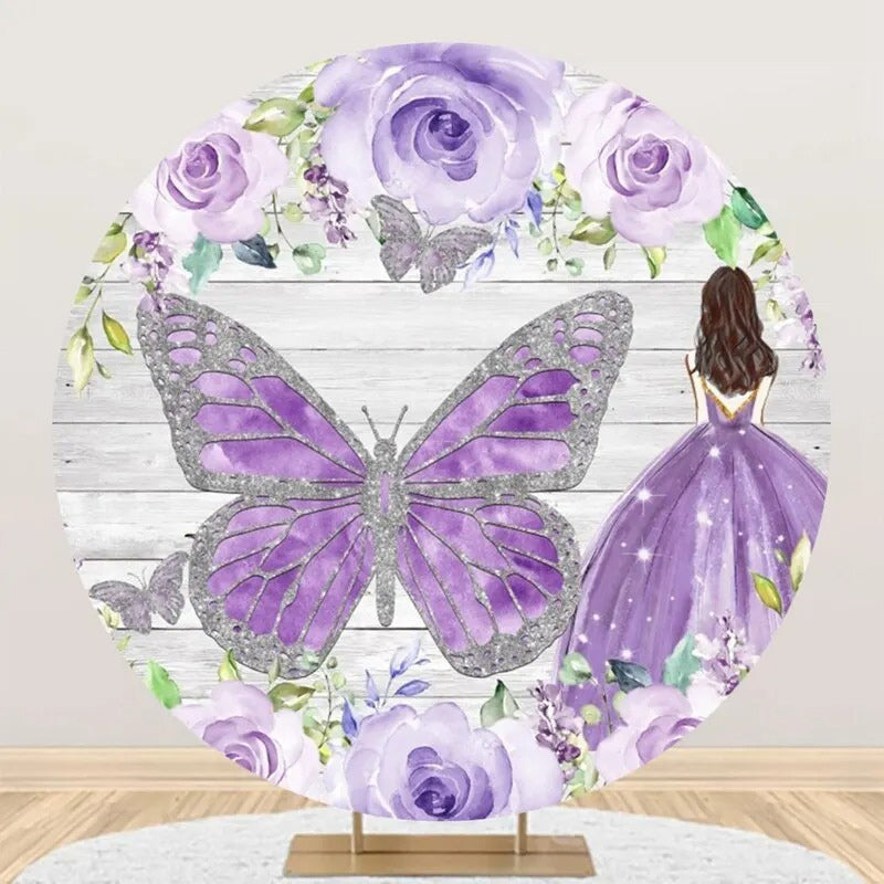 Lofaris Purple Silver Floral Wooden Round Birthday Backdrop