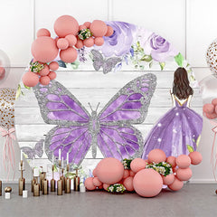 Lofaris Purple Silver Floral Wooden Round Birthday Backdrop
