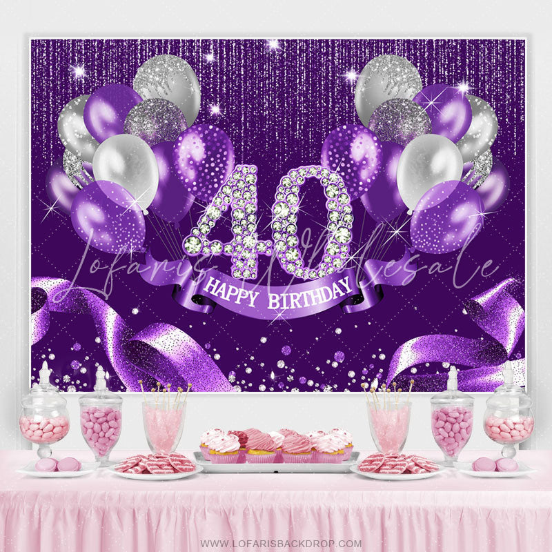 Lofaris Purple Silver Ribbion Happy 40Th Birthday Backdrop