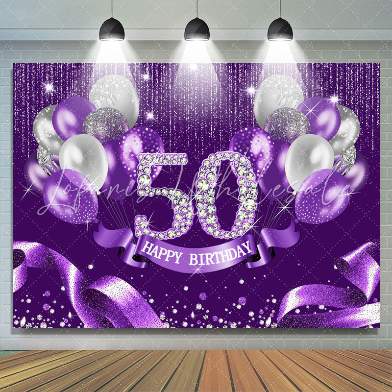 Lofaris Purple Silver Ribbion Happy 50Th Birthday Backdrop