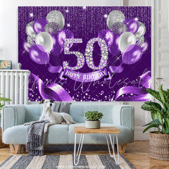 Lofaris Purple Silver Ribbion Happy 50Th Birthday Backdrop