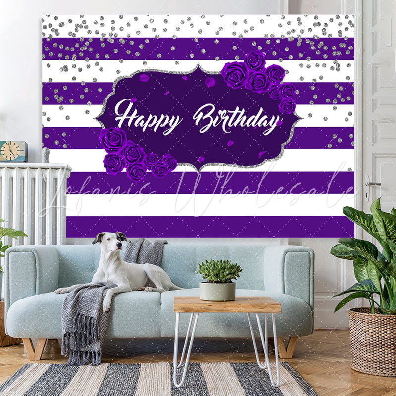 Lofaris Purple Stripes Rose Happy Birthday Backdrop for Girl