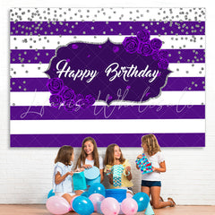Lofaris Purple Stripes Rose Happy Birthday Backdrop for Girl