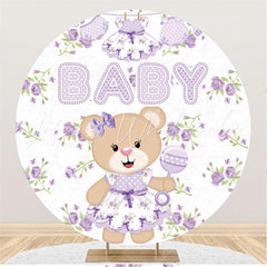 Lofaris Purple Teddy Bear And Floral Round Baby shower Backdrop