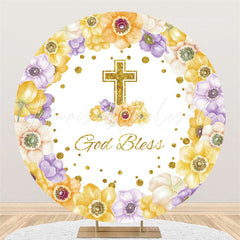 Lofaris Purple Yellow Floral Glitter Round Baby Shower Backdrop