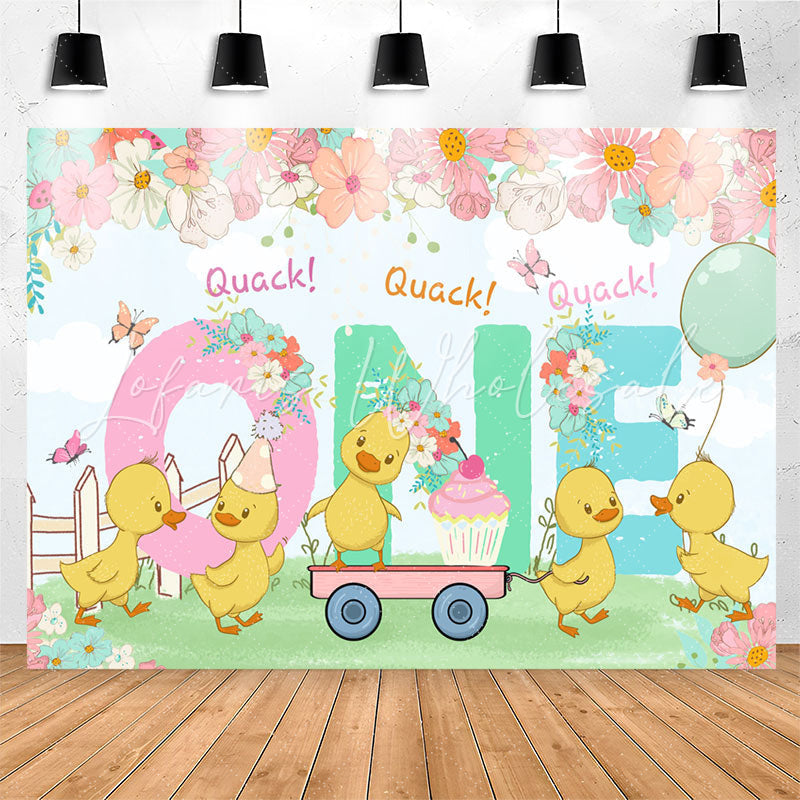 Lofaris Quack One Floral Duck Happy 1st Birthday Backdrop