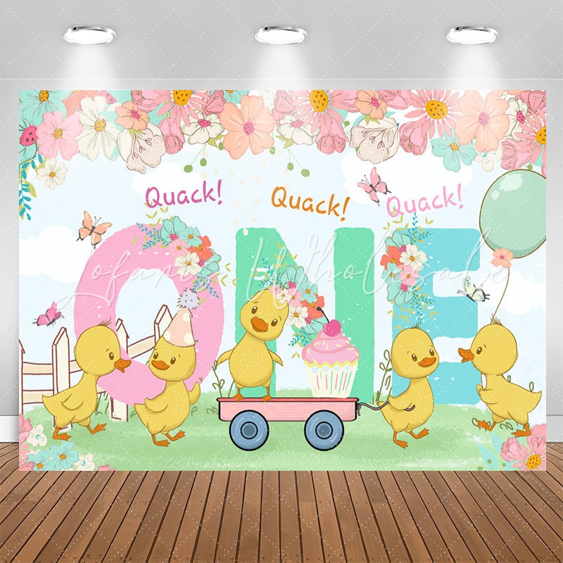 Lofaris Quack One Floral Duck Happy 1st Birthday Backdrop