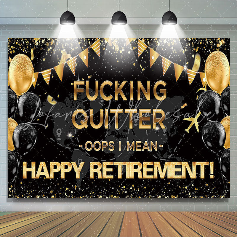 Lofaris Quitter Gold Sparkling Black Retirement Party Backdrop