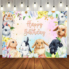 Lofaris Rabbits Colorful Flowers Happy Birthday Backdrop