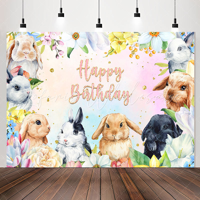 Lofaris Rabbits Colorful Flowers Happy Birthday Backdrop