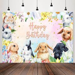Lofaris Rabbits Colorful Flowers Happy Birthday Backdrop