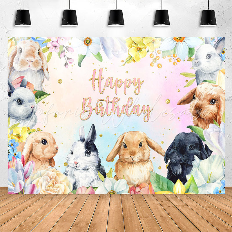 Lofaris Rabbits Colorful Flowers Happy Birthday Backdrop