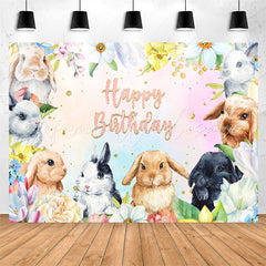 Lofaris Rabbits Colorful Flowers Happy Birthday Backdrop