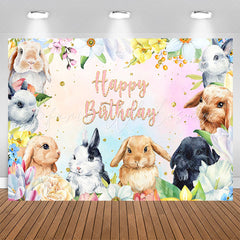 Lofaris Rabbits Colorful Flowers Happy Birthday Backdrop