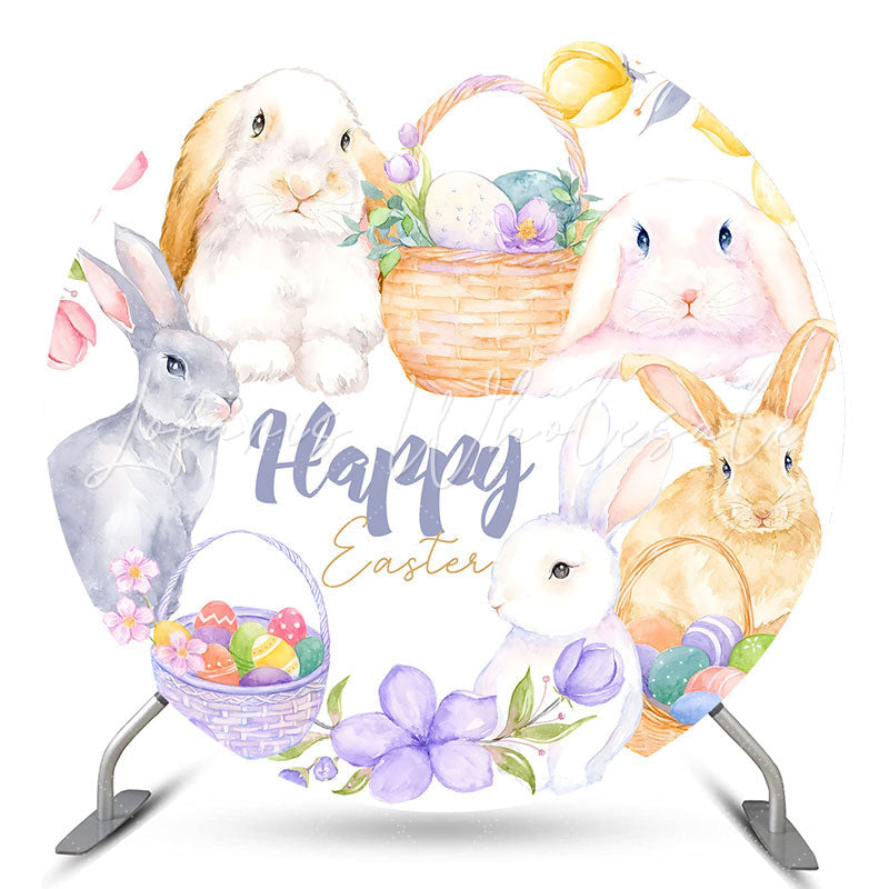 Lofaris Rabbits Floral Basket Round Easter Holiday Backdrop