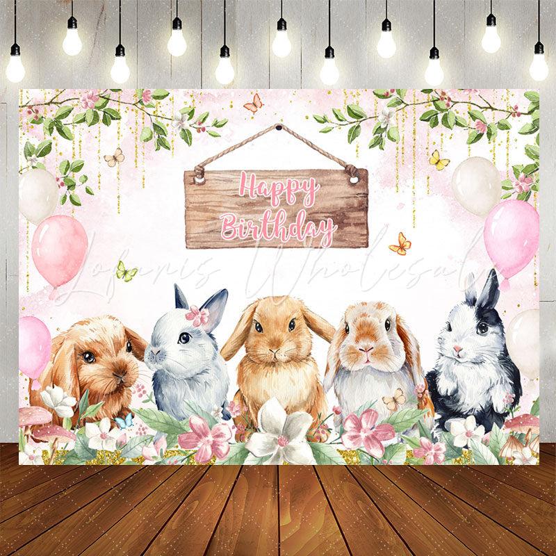 Lofaris Rabbits Pink Balloons Glitter Birthday Backdrop