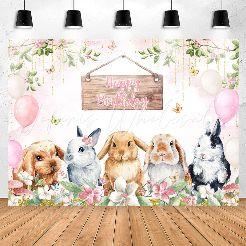 Lofaris Rabbits Pink Balloons Glitter Birthday Backdrop