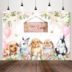 Lofaris Rabbits Pink Balloons Glitter Birthday Backdrop