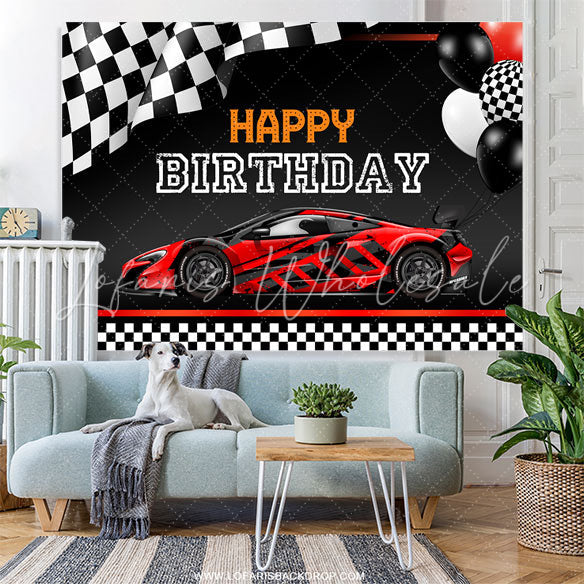 Lofaris Racing Car Theme Balloons Black Happy Birthday Backdrop
