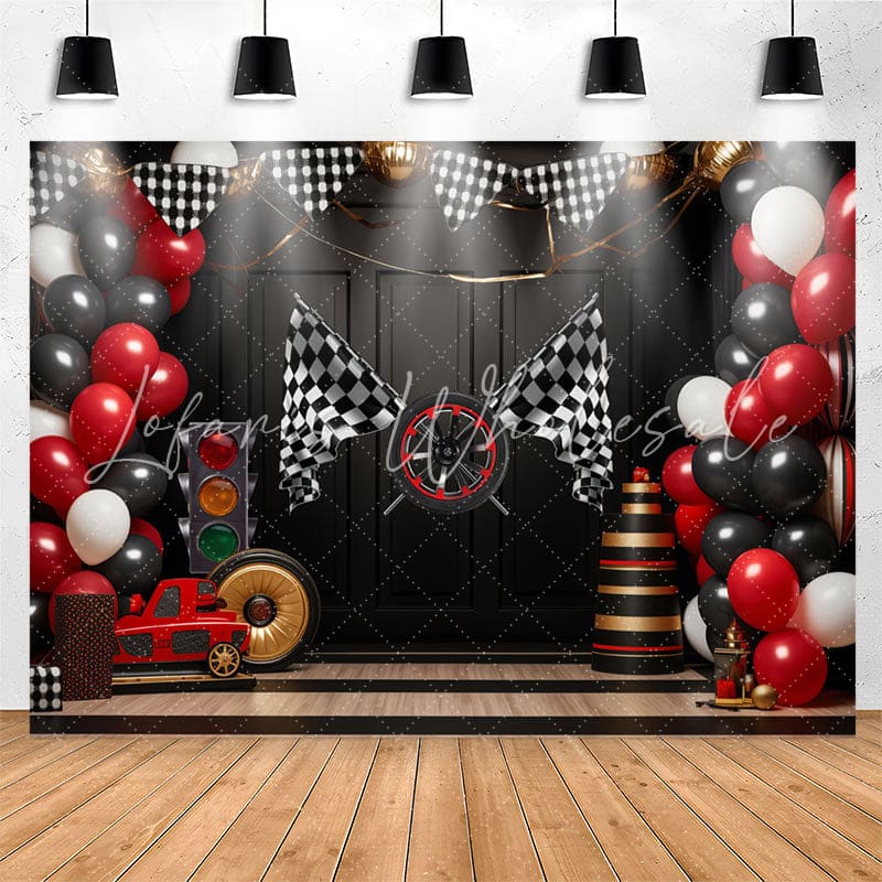 Lofaris Racing Venue Plaid Flag Balloon Birthday Backdrop