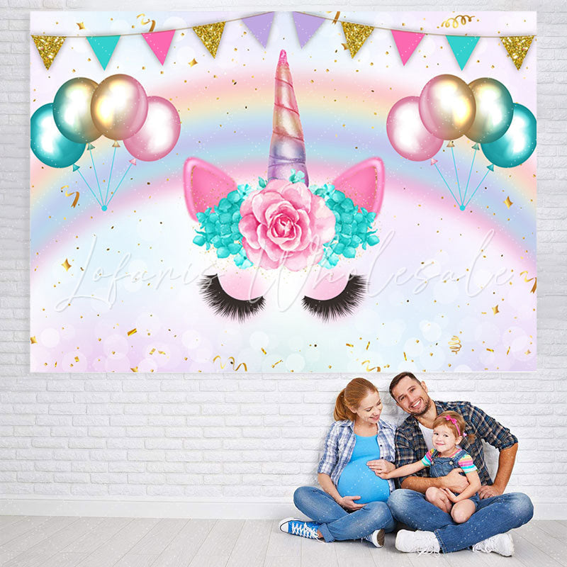 Lofaris Rainbow And Ballons With Unicorn Baby Shower Backdrop