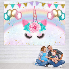 Lofaris Rainbow And Ballons With Unicorn Baby Shower Backdrop