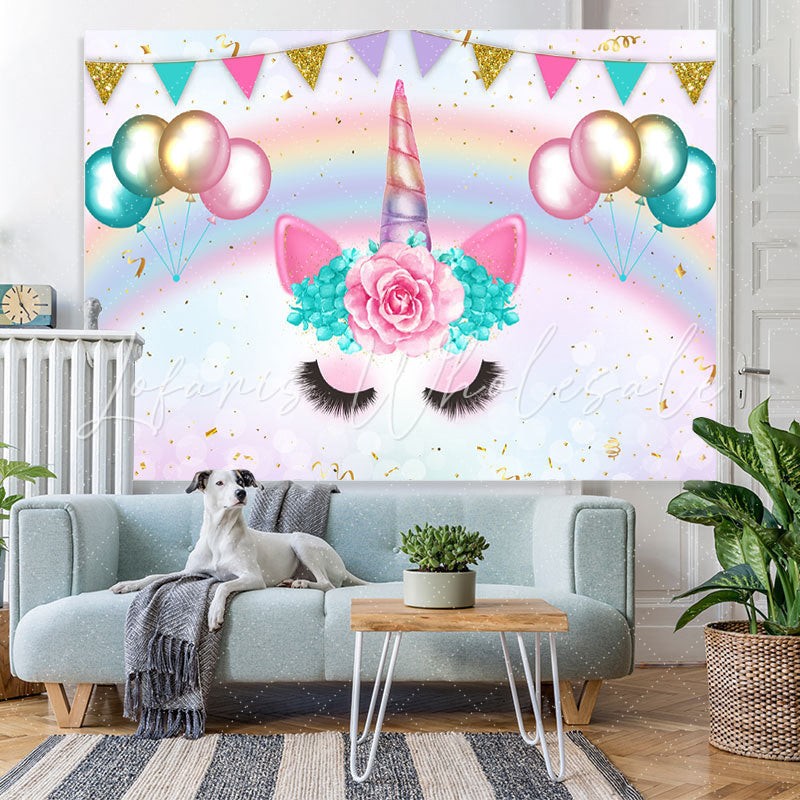 Lofaris Rainbow And Ballons With Unicorn Baby Shower Backdrop