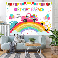 Lofaris Rainbow And Cartoon Car Birthday Parade Theme Backdrop