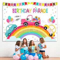 Lofaris Rainbow And Cartoon Car Birthday Parade Theme Backdrop