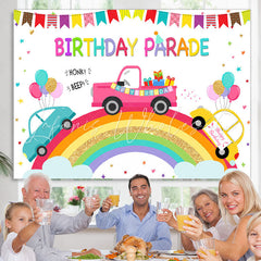 Lofaris Rainbow And Cartoon Car Birthday Parade Theme Backdrop