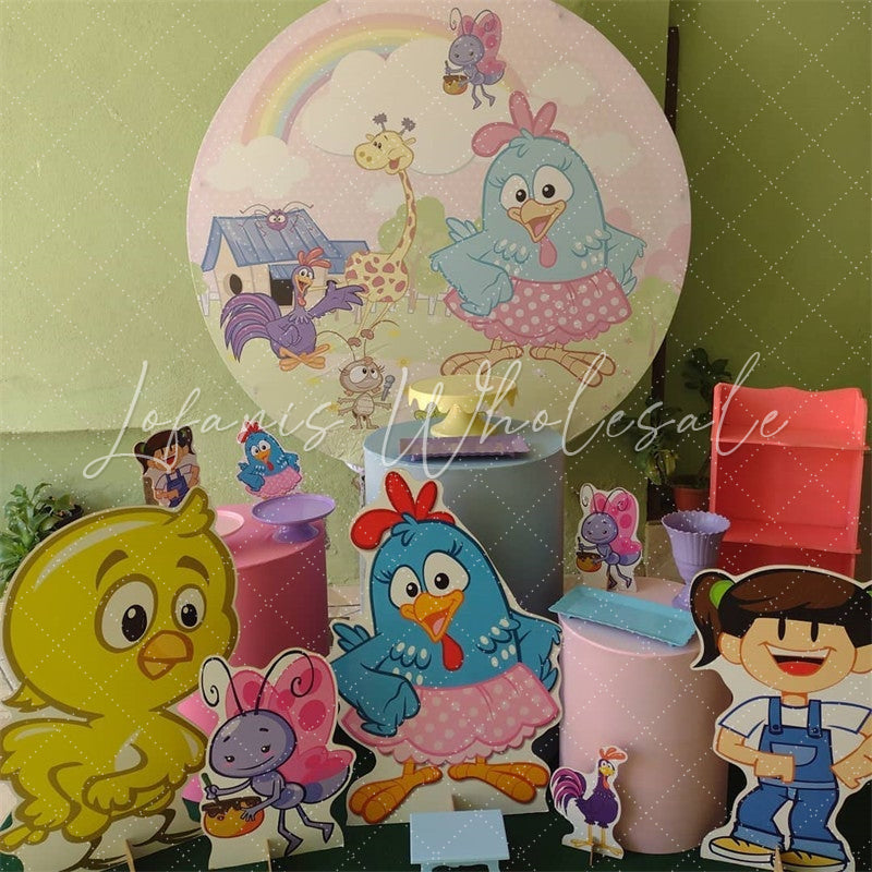 Lofaris Rainbow And Farm House Animals Round Birthday Backdrop