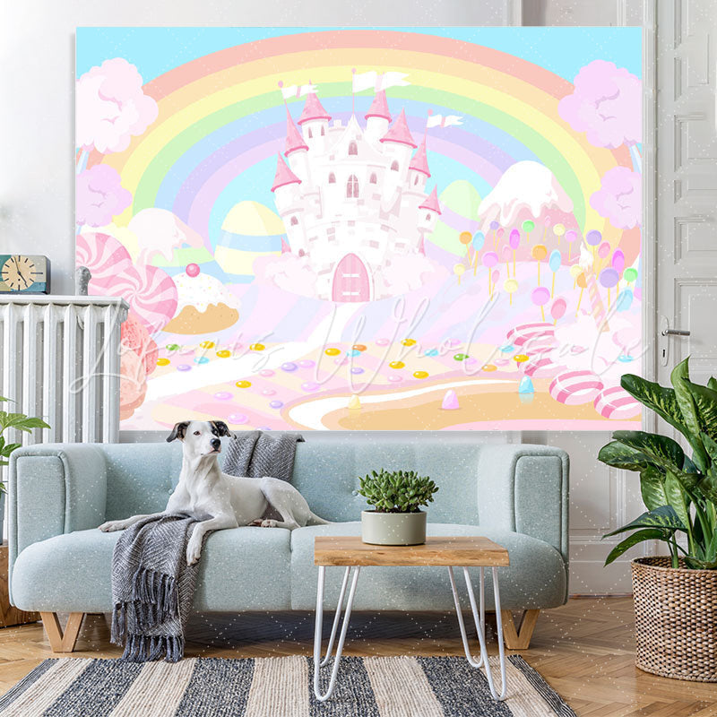 Lofaris Rainbow And Pink Castle Wonderland Birthday Backdrop