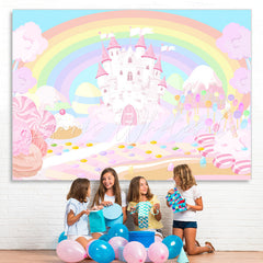 Lofaris Rainbow And Pink Castle Wonderland Birthday Backdrop